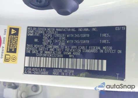 2019 Toyota Highlander Limited Platinum z USA, uszkodzony, nr VIN 5TDYZRFH3KS323890